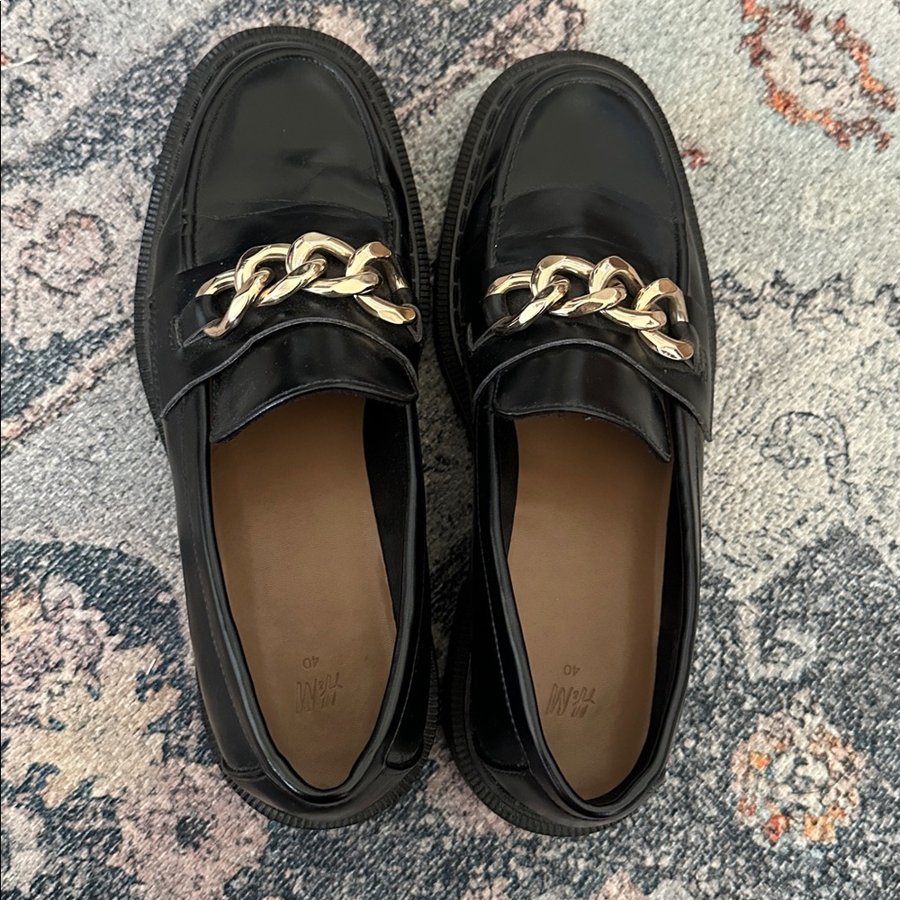 Black Loafers with Gold Chain Detail